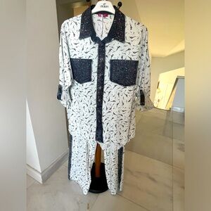 White and Black Patterned Shirt and Pants Set